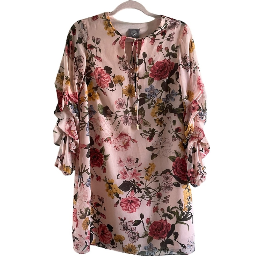VINCE CAMUTO Floral Aline Dress With Sheer Gathered Long Sleeves Size 4